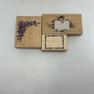 Lot of 3 Wood Mount Rubber Stamps - Flowers, Borders, Angel.‎